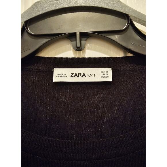 Zara Crewneck Pullover Sweater Cropped Long Sleeve Black White Womens Size L - Picture 2 of 3